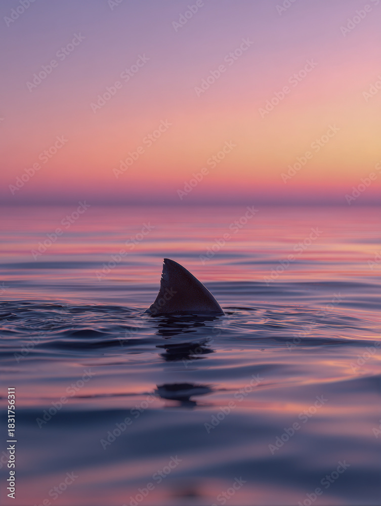 Fototapeta premium A lone fin breaking the calm ocean surface at twilight with soft, colorful hues of purple and orange reflecting on gentle water waves under a serene sky