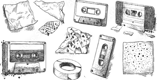Vintage cassette tapes and crumpled paper fragments in a sketched illustration retro audio