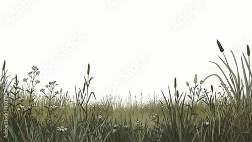 Green Meadow Scene A Serene Illustration of Grass, Plants, and a Clear Sky for Backgrounds