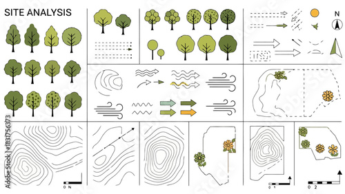 Site Analysis Elements Illustration Trees, Arrows, Topography and Wind