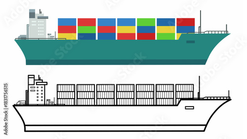 Cargo ship Lineart & Flat Art Set. Two versatile design styles in one package.