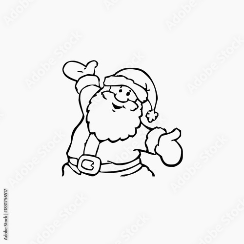 A hand-drawn, black and white line art illustration of a cheerful Santa Claus character wearing a hat and belt, waving his gloved hands in a welcoming gesture. Ideal for coloring books or holiday craf