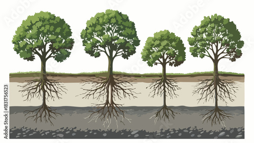 Cross-section view of four deciduous trees with their visible underground root systems and soil layers