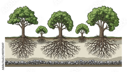 Detailed illustration of trees with visible roots and soil structure, educational concept