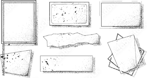 Collection of seven black and white graphic frames and shapes with textured fills and outlines border