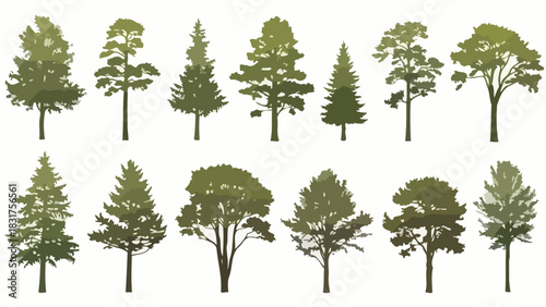 Diverse collection of green tree silhouettes, featuring various deciduous and coniferous species, perfect for landscape design, architectural visualization, and environmental graphics