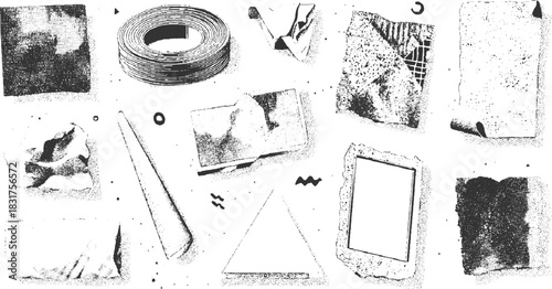 Collection of crumpled paper torn edges rolled wire and geometric shapes in black and white halftone