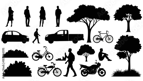 A diverse set of black silhouettes representing city life, including people, vehicles, and nature elements for collages