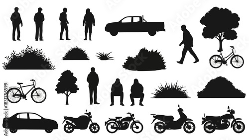 Collection of Silhouettes Vehicles, People, and Nature Elements for Design