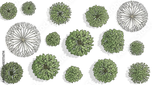 Overhead View of Various Trees with Shadows for Architectural Design and Visualization