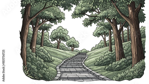 A beautifully drawn stone pathway with stairs leading up a hill through a tranquil and lush green forest landscape