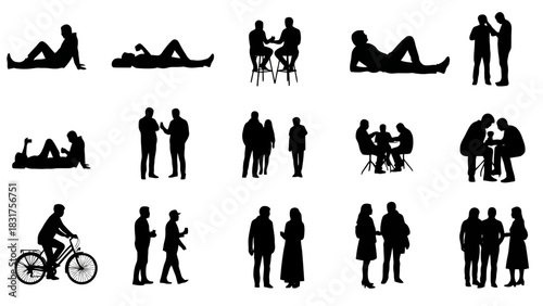 Collection of Diverse Silhouettes Representing People Engaged in Various Activities and Social Interactions