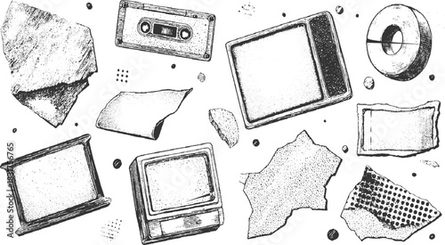 Vintage cassette tape television screen and torn paper fragments scattered retro