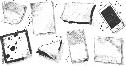 Collection of torn paper scraps notebook pages and smartphone in black and white sketch style vector