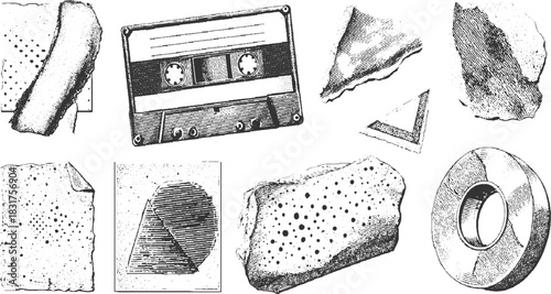 Vintage cassette tape torn paper fragments geometric shapes and circular object in black and white engraving style