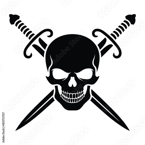 Black silhouette of a human skull with crossed swords behind it