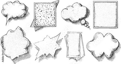 Collection of eight hand drawn comic style speech bubbles and frames in black and white thought