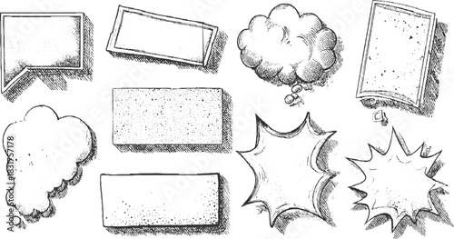 Collection of hand drawn black and white comic book speech bubbles and thought bubbles vector
