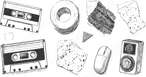 Two audio cassette tapes a computer mouse a speaker and abstract shapes in black and white sketch style