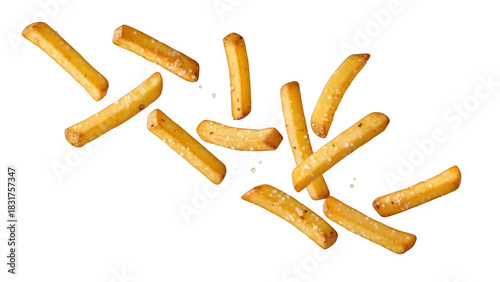 Flying delicious potato fries isolated on white or transparent background. PNG