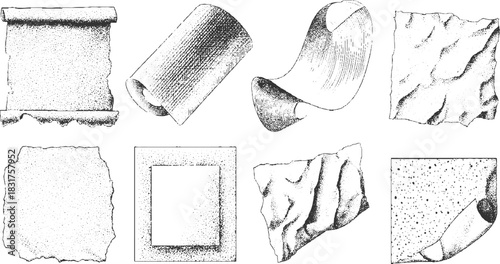 Set of eight black and white stippled illustrations of parchment paper and rolled scrolls texture