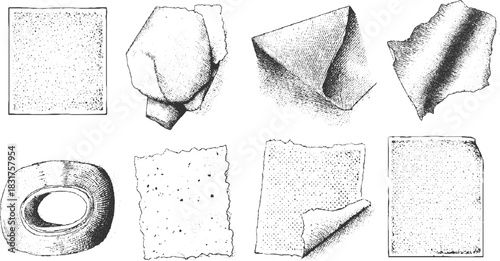 Collection of eight black and white textured paper scraps and objects in a grid layout torn edge