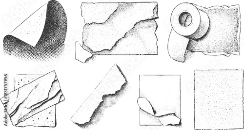 Black and white stippled illustrations of torn paper edges and a roll of tape ripped texture