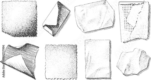 Set of eight hand drawn black and white paper textures and objects torn crumpled