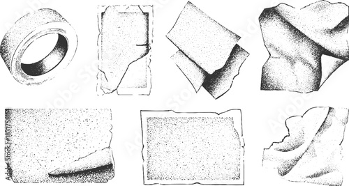 Collection of torn paper scraps and a roll of tape in stippled illustration style ripped