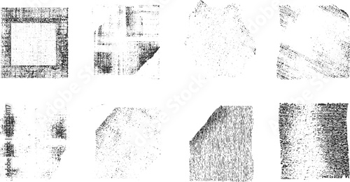 Black and white textured grunge overlays with distressed patterns and abstract shapes vector