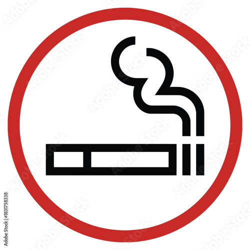 No smoking sign, a black and white pictogram of a lit cigarette with smoke rising, enclosed in a thick red circle