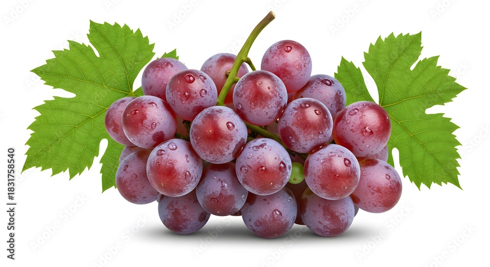 Fototapeta premium Vibrant Red Grape Cluster with Sparkling Water Droplets and Green Leaves Isolated on White.