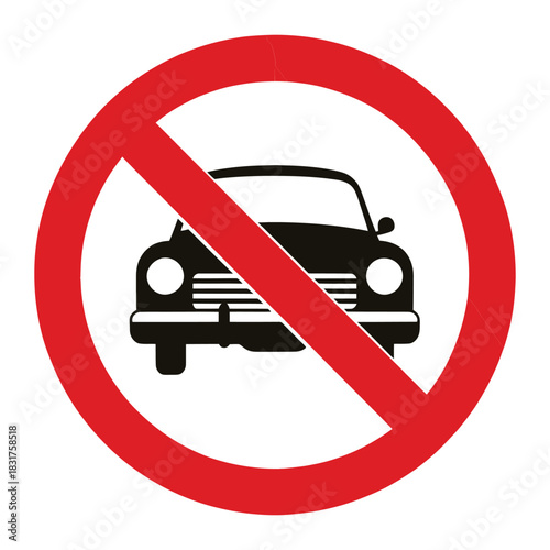 No parking sign featuring a black silhouette of a car inside a red circle with a diagonal red line crossing through it
