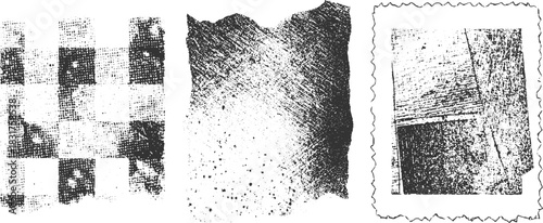 Three black and white textured graphic elements with distressed patterns and rough edges grunge background