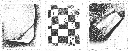 Three black and white abstract textured panels with torn edges vector