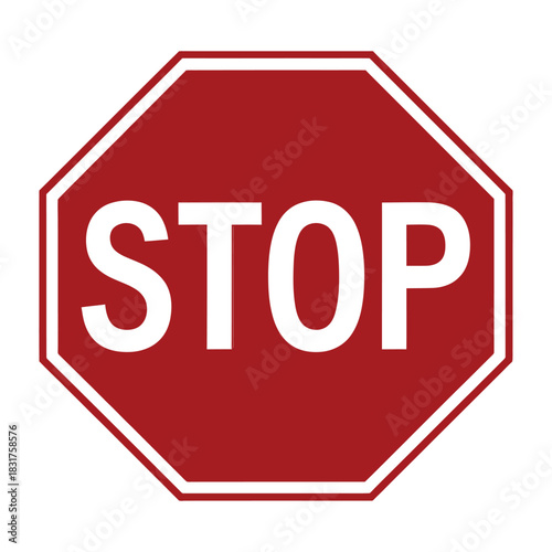Classic red octagonal stop sign with white border and the word stop in bold white capital letters