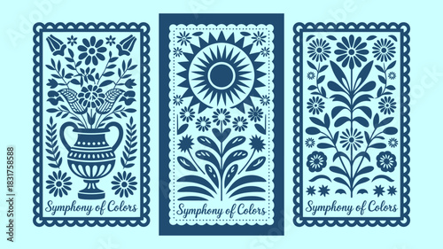 Set of three traditional Mexican papel picado designs arranged in a triptych layout, perfect for festive decorations, cultural artwork, holiday celebrations, graphic design projects, and vibrant decor
