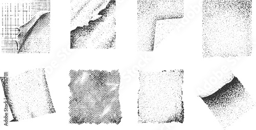 Eight abstract black and white textured graphic elements with dot patterns and torn edges vector