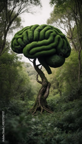 Image of a human-brain shaped tree surrounded by an environmentally sustainable forest setting