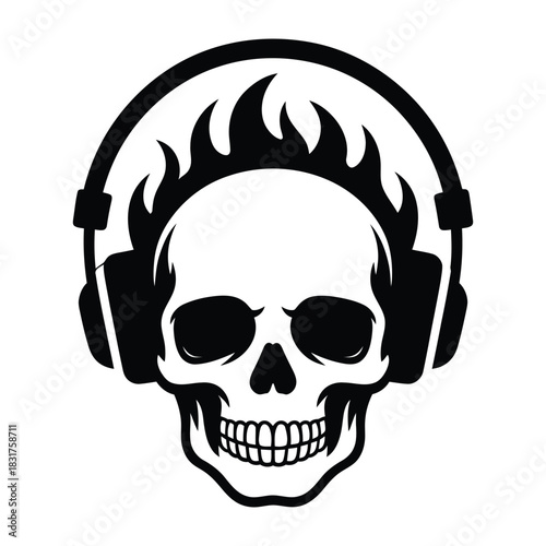 Black and white graphic illustration of a human skull wearing large overear headphones with flames emanating from the top
