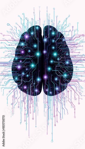 Illustration of AI neural network concept with binary code circuit lines and cyber intelligence on a white background