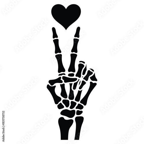 Black silhouette of a skeleton hand making a peace sign with a solid black heart above the fingers