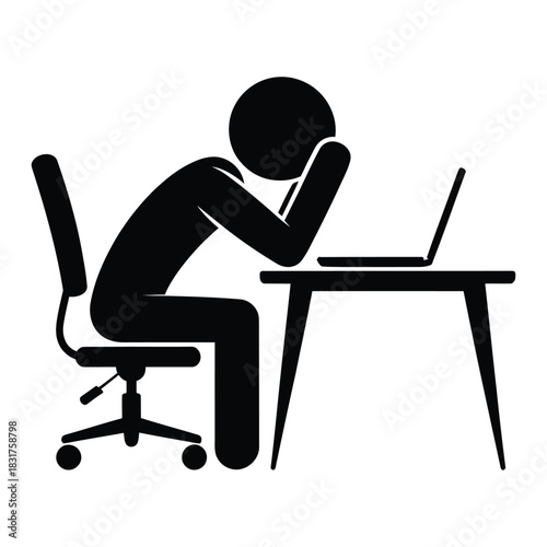 Silhouette stick figure person sitting at desk with laptop computer looking stressed, tired, or frustrated