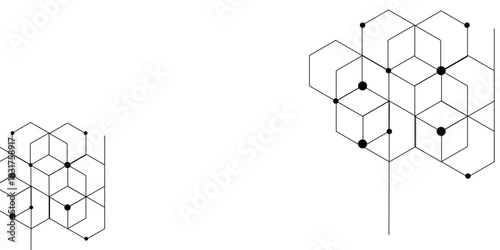 Hexagon concept design abstract technology background. Digital geometric abstraction with lines and dots. Geometric abstract design. white background, seamless pattern of black hexagon grid line.