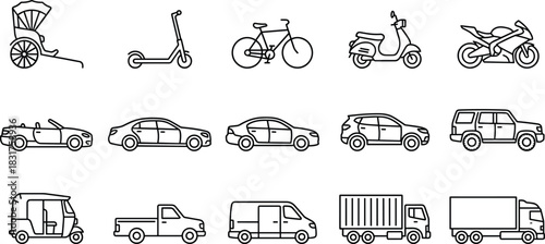Vehicle icons set, transportation types, pixel line art, rickshaw, scooter, motorcycle, SUV, truck, van, bicycle, car