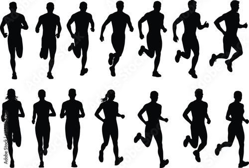 Running silhouette set, male and female figures, athletic motion, black vector poses, fitness form, sports movement, dynamic posture, isolated characters