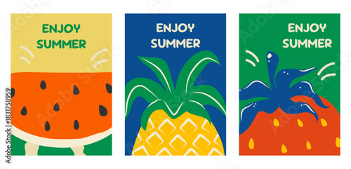 Bright summer covers with juicy fruits in a naive flat style. Posters, cards, banners. Vector illustration of watermelon, pineapple, and strawberries. Copy space.