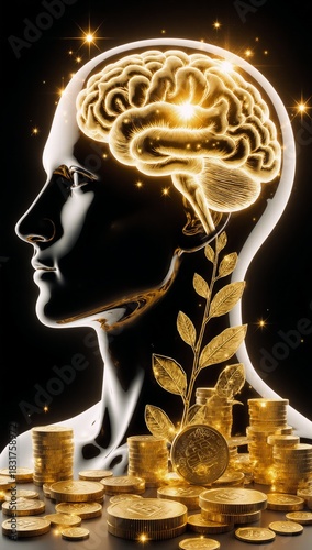 Illustration of a brain with gold coins and financial elements symbolizing business success