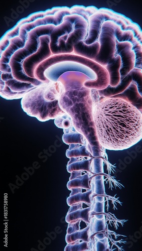 Digital art showcasing the detailed structure of the human brain and spinal cord