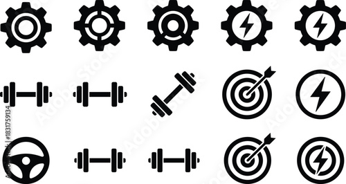 Fitness and energy icons, gym gear, dumbbells, barbells, lightning bolt, target symbol, mechanical gears, workout tools, power symbols, training set